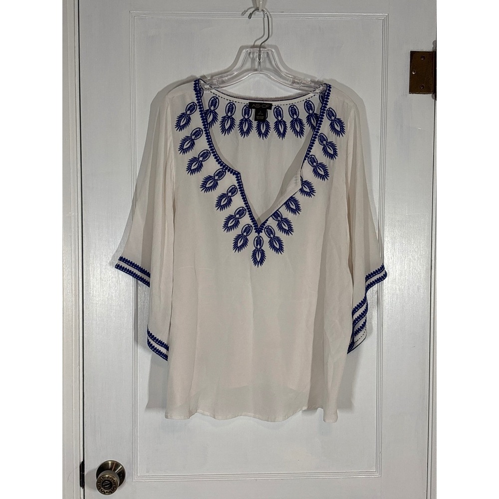 AS by DF White 100% Silk Embroidered Beaded V-Neck Kimono Sleeve Blouse Large